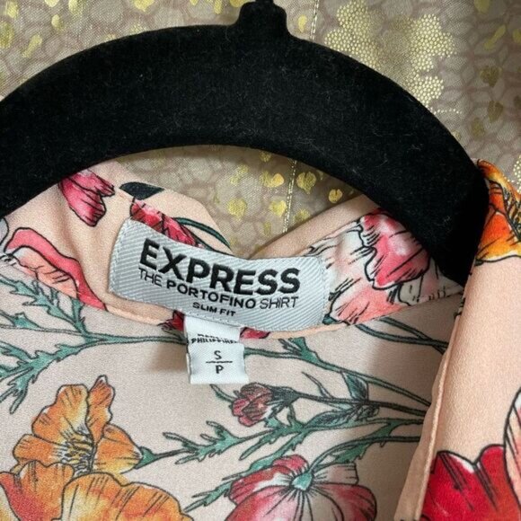 Express Peach Floral Poppy Slim Fit Button Down Portofino Blouse, Small - Picture 3 of 5